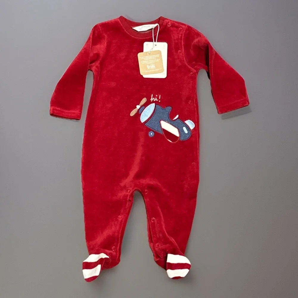 NWT Mayoral Velvet Newborn Sz 4-6 Months Red Burgundy Airplane Footed‎ Sleeper